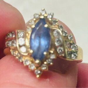 Gold-Plated Blue Sapphire Marquise Ring with Accent Stones